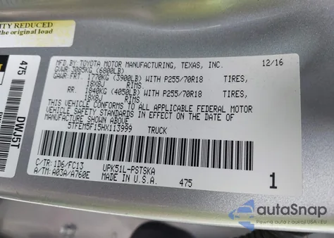 2017 Toyota Tundra Sr5 4.6L V8 from USA, damaged, VIN 5TFEM5F15HX113999